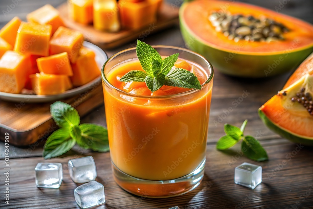 Papaya smoothie with mint and ice cubes on rustic wooden table