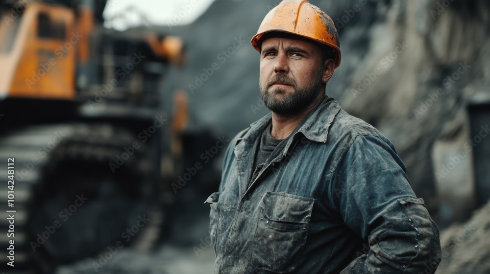 Worker on a construction site wearing a hard hat and rugged clothing Worker on a construction site wearing a hard hat and rugged clothing