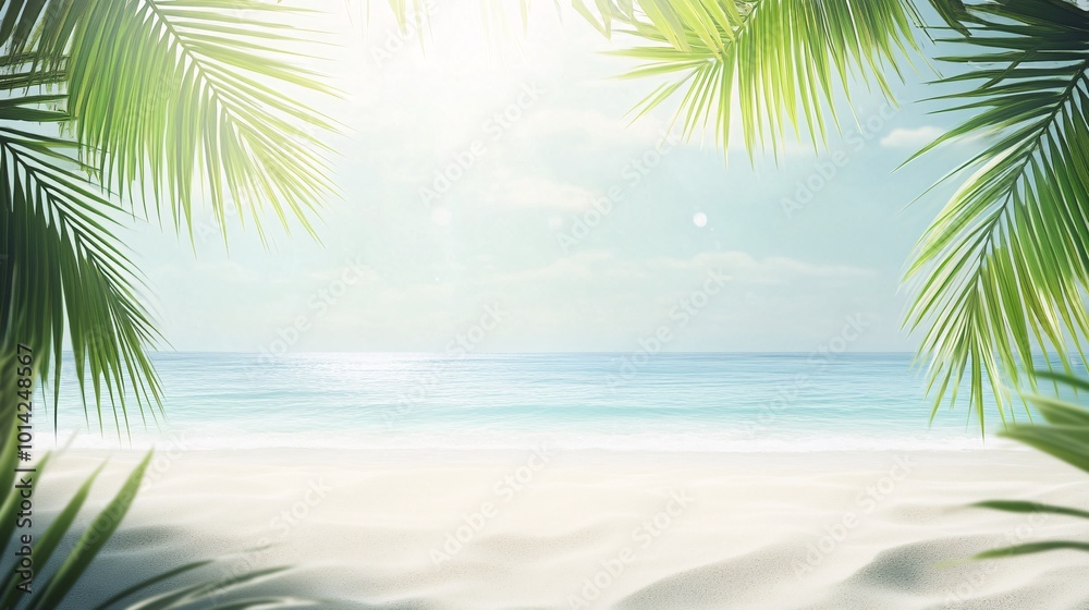 Tropical beach with palm leaves, serene ocean view Tropical beach with palm leaves, serene ocean view