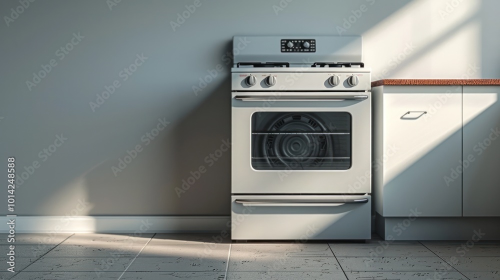 Minimalistic and modern kitchen interior with stainless steel oven cooktop and other appliances Bright and airy space with clean lines grey tile flooring Minimalistic and modern kitchen interior with stainless steel oven cooktop and other appliances Bright and airy space with clean lines grey tile flooring