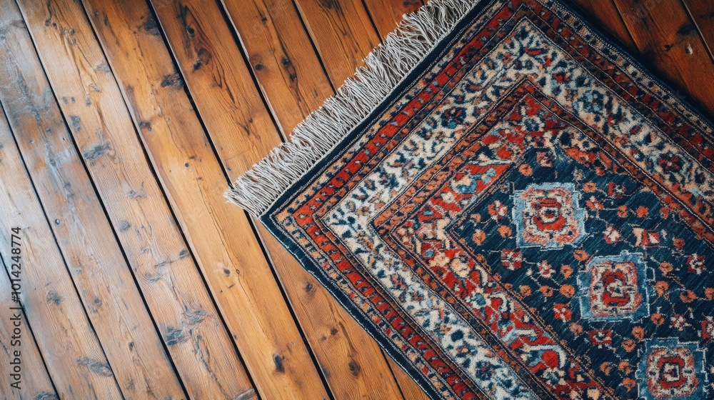 A top view of an intricate Persian rug on a wooden floor, displaying vibrant colors and detailed patterns. A top view of an intricate Persian rug on a wooden floor, displaying vibrant colors and detailed patterns.