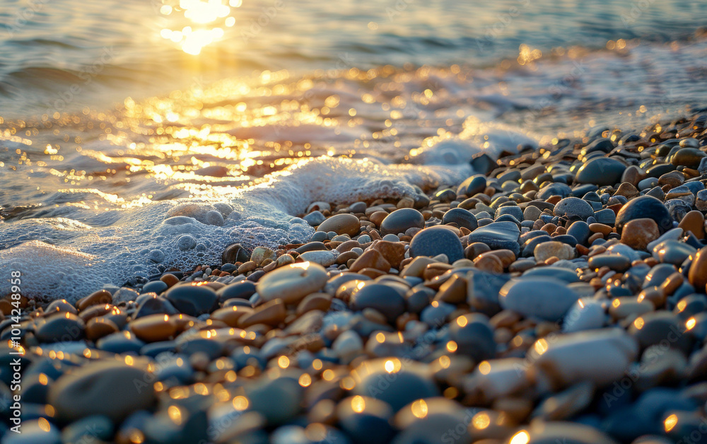 Beautiful pebbles on the beach at sunrise in the morning Beautiful pebbles on the beach at sunrise in the morning