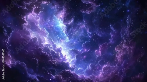 A vibrant, abstract nebula with swirling clouds of purple and blue, studded with sparkling stars, creating a celestial tapestry.