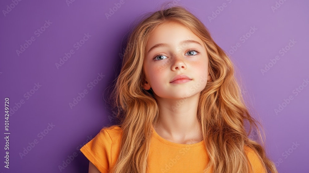 Photo of nice charming young girl posing empty space isolated on violet color background Photo of nice charming young girl posing empty space isolated on violet color background