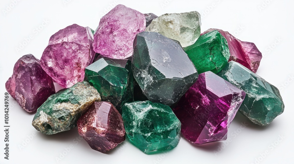 Pile of raw gemstones, including emerald, sapphire, and ruby, in their natural forms Pile of raw gemstones, including emerald, sapphire, and ruby, in their natural forms