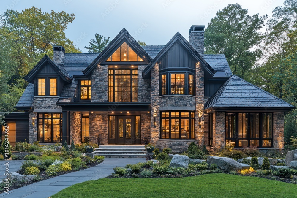 Modern Stone House with Large Windows Modern Stone House with Large Windows