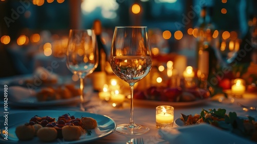 Elegant and select wedding decoration restaurant table Wine Glass and appetizers, on the bar table Soft light and romantic atmosphere dinner service menue guests candle photo