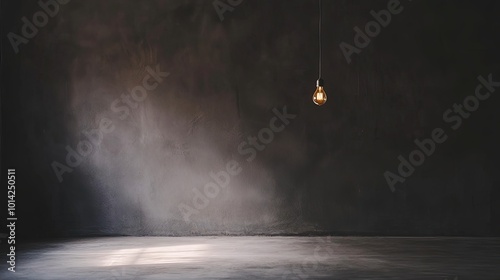 Dark empty room with single flickering light bulb casting long shadows, emphasizing absence of power and eerie atmosphere, minimalist setting with focus on light bulb's glow.