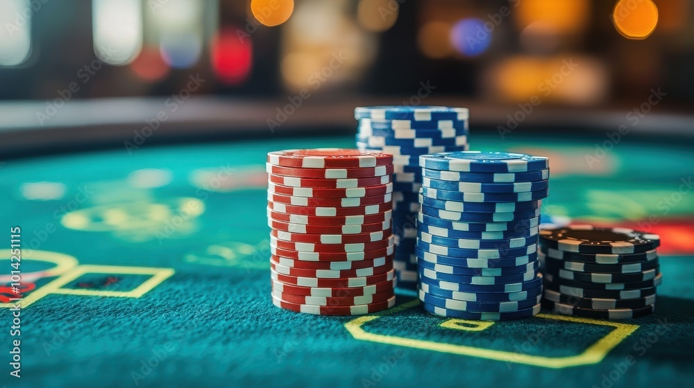 Poker chips on a casino table. Gambling chips. Gambling concept