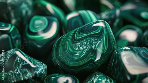 Polished malachite stones with swirling green patterns, arranged in an artistic display