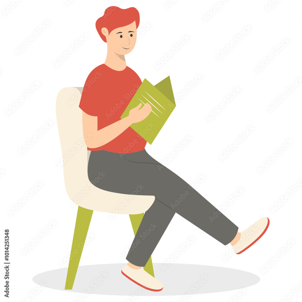 Fototapeta premium People Sitting While Reading Book Illustration. Flat Cartoon Vector Character.