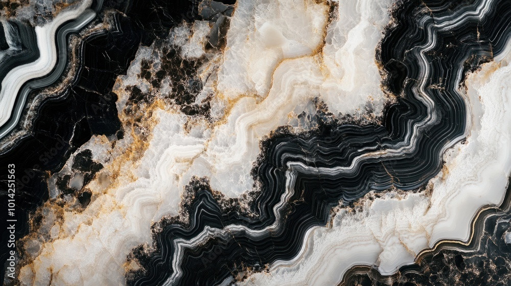 Polished onyx stone, with black and white layers swirling together in an intricate pattern