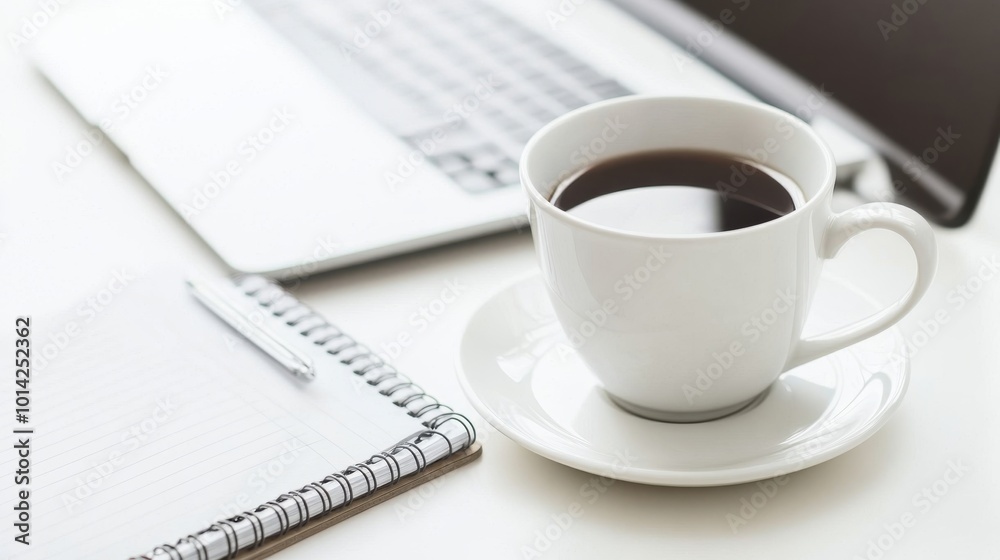 white coffee cup, a spiral notebook, and a laptop on a bright, minimalist workspace, ideal for productive work and focus.
