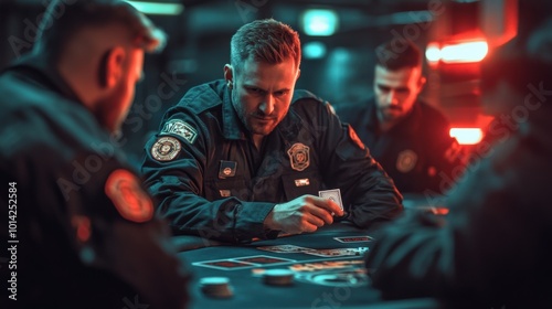 Police officers engaged in a tense poker game at night