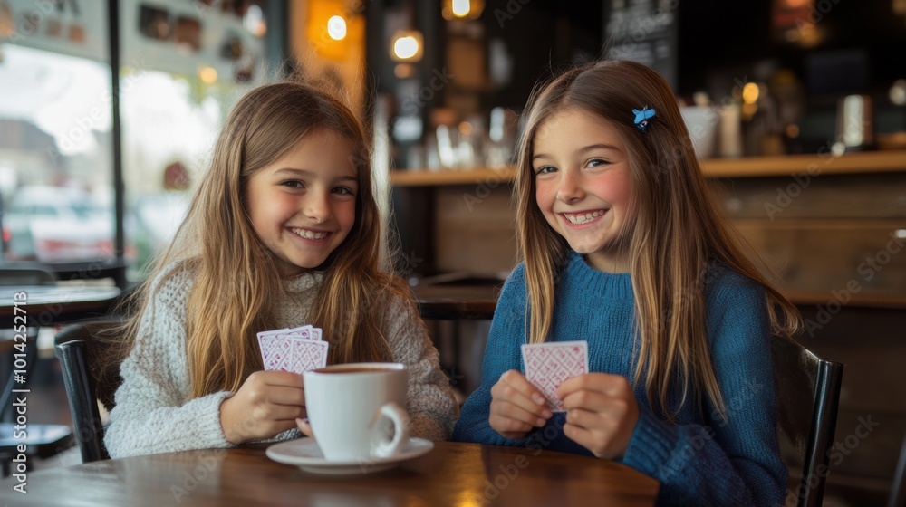 Girls play cards and sip hot chocolate in a café Girls play cards and sip hot chocolate in a café