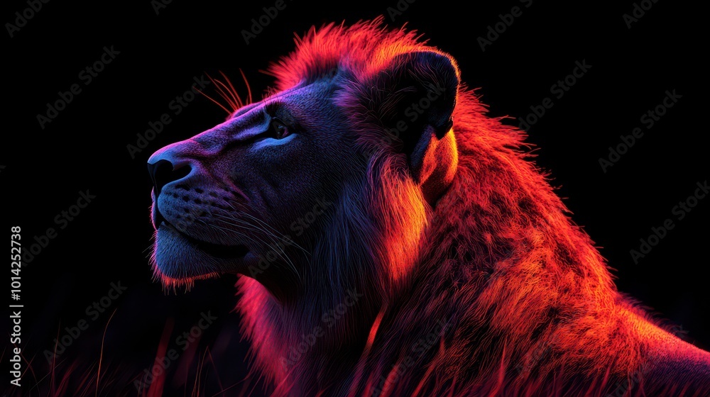 Naklejka premium Majestic lion profile under colorful lighting. Generative AI image