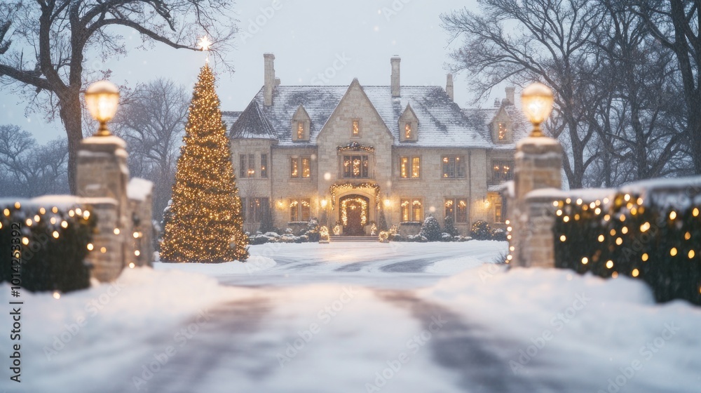 Festively decorated countryside manor with holiday lights and grand Christmas tree amidst snowy winter evening. Festively decorated countryside manor with holiday lights and grand Christmas tree amidst snowy winter evening.