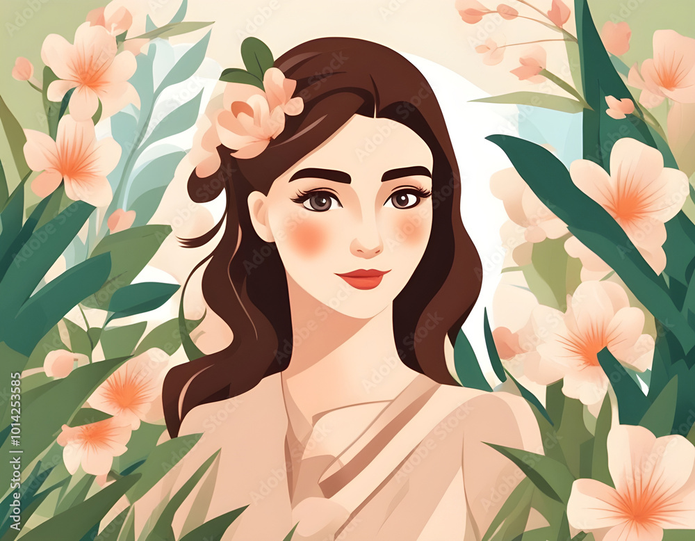 Spring Day portrait icon avatar beautiful woman among plants and flowers background Spring Day portrait icon avatar beautiful woman among plants and flowers background