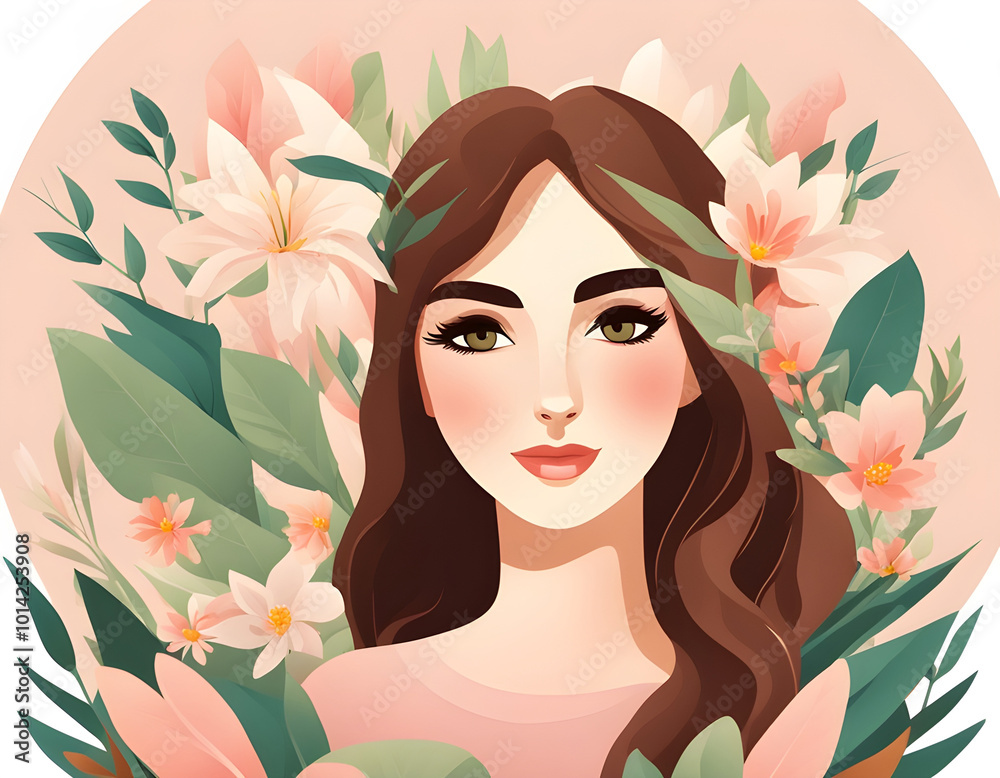 Spring Day portrait icon avatar beautiful woman among plants and flowers background Spring Day portrait icon avatar beautiful woman among plants and flowers background
