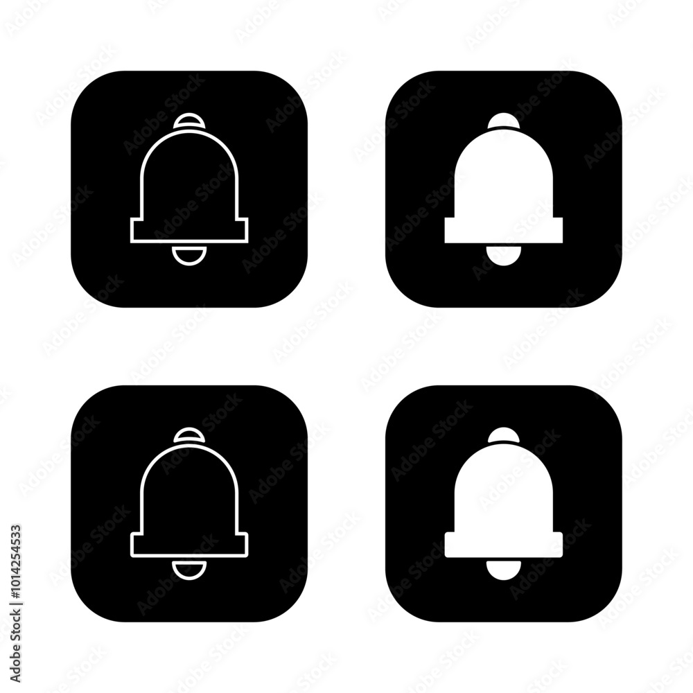 Notification bell icon set on black square. Alarm, reminder concept Notification bell icon set on black square. Alarm, reminder concept