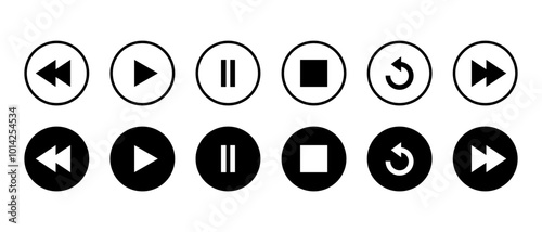 Rewind, play, pause, stop, repeat, and forward button icon. Media player element