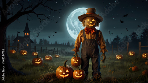 a scarecrow with a pumpkin head, dressed in tattered, spooky clothing, standing in a field at night photo