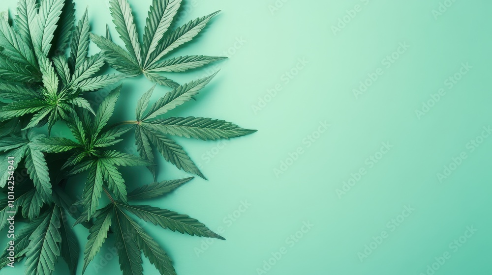 Leaf of cannabis on light green background, copy space concept banner with flat lay Leaf of cannabis on light green background, copy space concept banner with flat lay