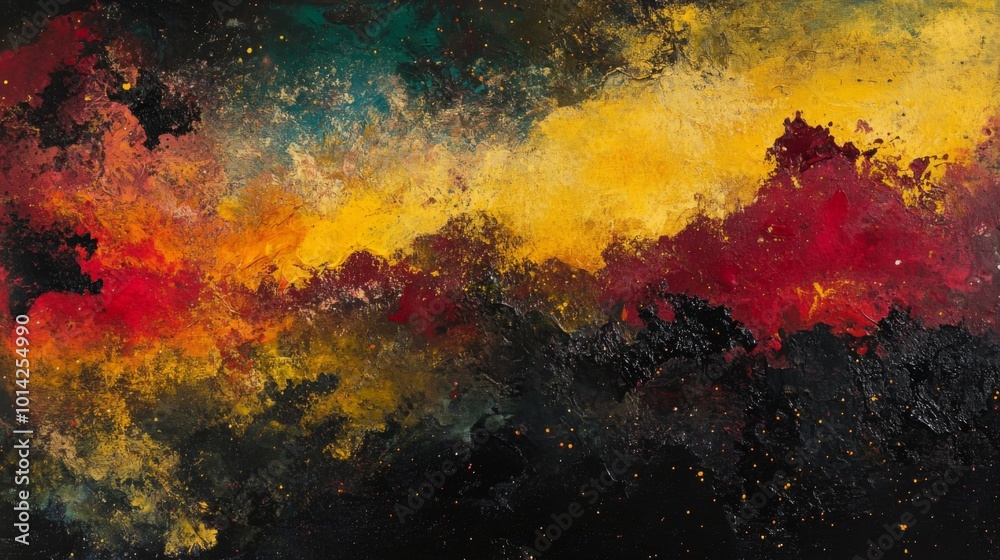 Fototapeta premium Abstract painting with red, yellow, and blue hues on a dark background, resembling a galaxy.