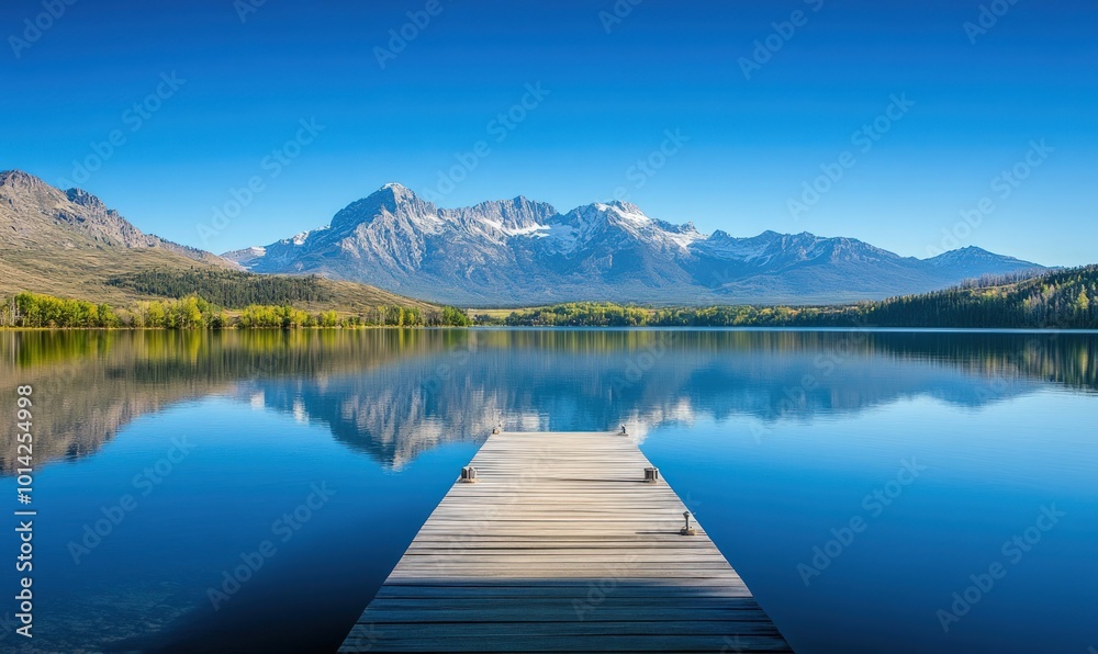 A wooden dock extends into a still, blue lake with snow capped mountains reflecting in the water. A wooden dock extends into a still, blue lake with snow capped mountains reflecting in the water.