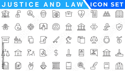 Law and justice line icons collection. Big UI icon set in a flat design. Thin outline icons pack.