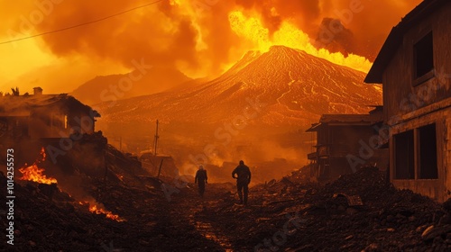 Emergency evacuation during a volcanic eruption, with people fleeing their homes as lava approaches