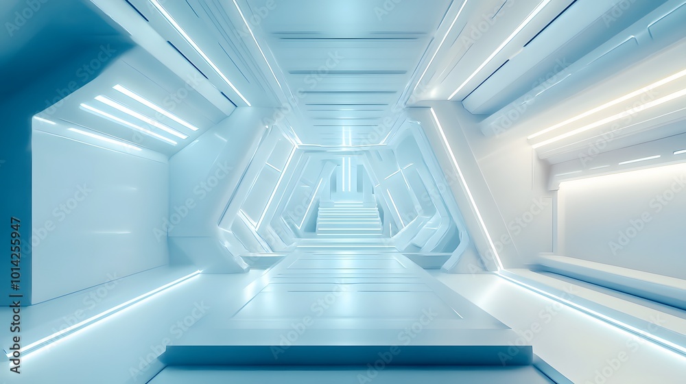 Fototapeta premium Abstract futuristic interior with glowing panels. 