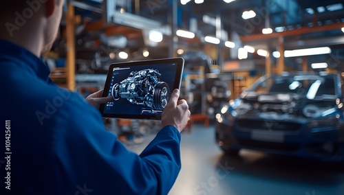 A mechanic uses a tablet to view a 3D model of a car engine in a workshop.