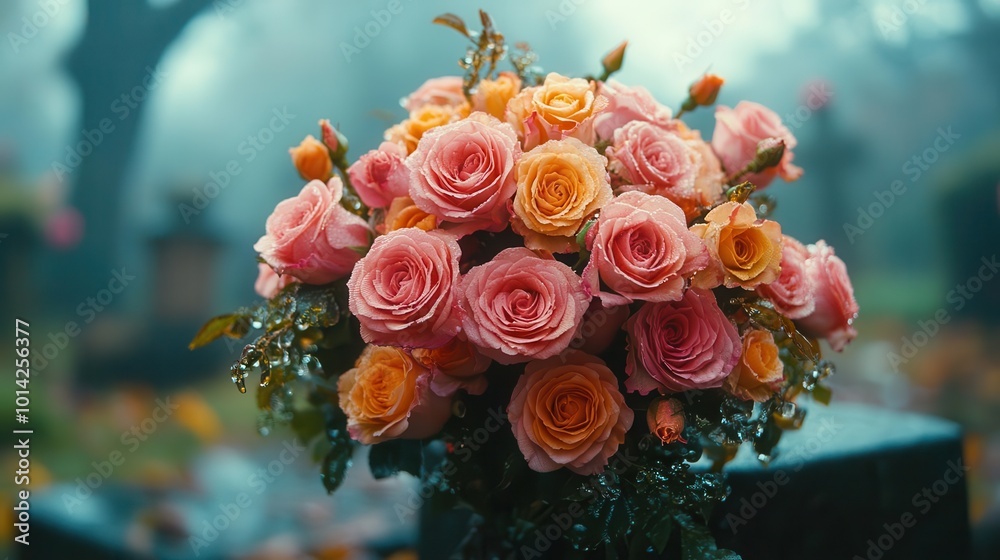 a somber bouquet of flowers placed on a grave embodying the solemnity of a funeral conveying feelings of remembrance and love amidst a serene setting a somber bouquet of flowers placed on a grave embodying the solemnity of a funeral conveying feelings of remembrance and love amidst a serene setting