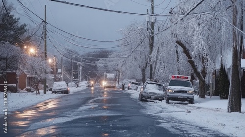 Ice storm causing severe damage to power lines and infrastructure, with emergency teams working to restore services