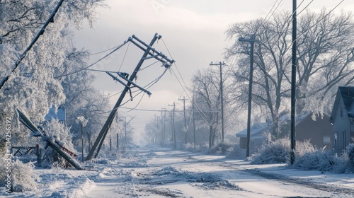 Ice storm causing severe damage to power lines and infrastructure, with emergency teams working to restore services