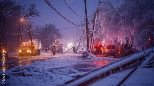 Ice storm paralyzing a city, with downed power lines and roads blocked by ice, emergency crews working to restore order