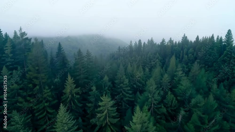 A dense pine forest covered in a thick layer of fog creating a misty and mysterious atmosphere. The dark green trees fade into the distance enveloped by the soft overcast light of early morning. A dense pine forest covered in a thick layer of fog creating a misty and mysterious atmosphere. The dark green trees fade into the distance enveloped by the soft overcast light of early morning.