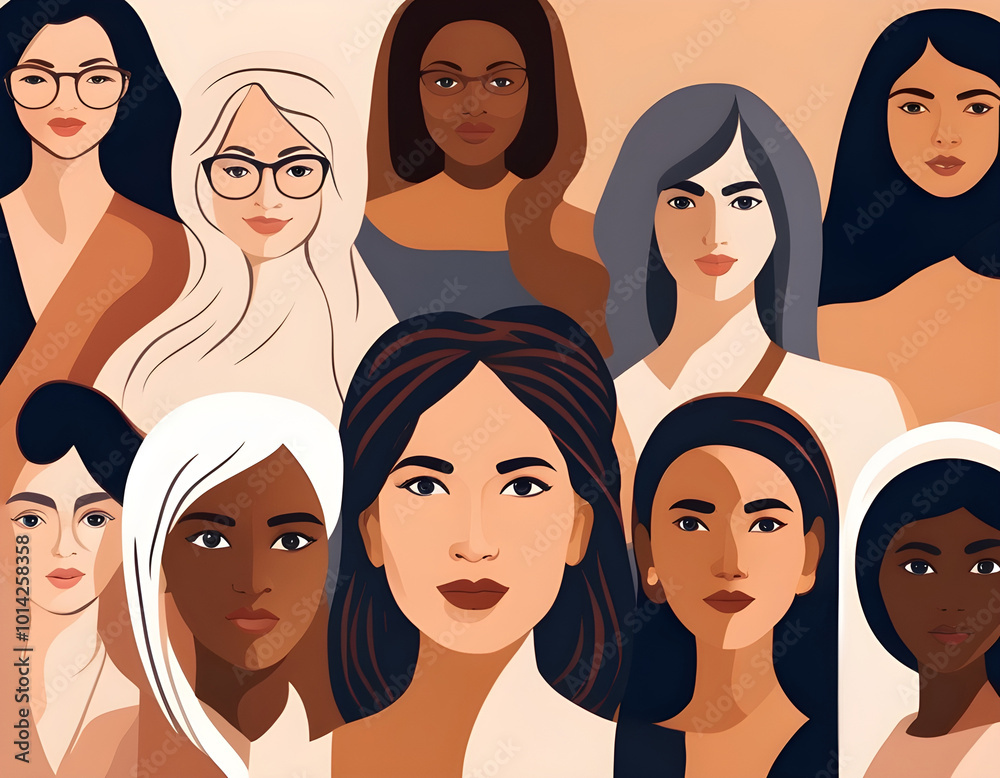 Beautiful portraits of women of different nationalities stand side by side background