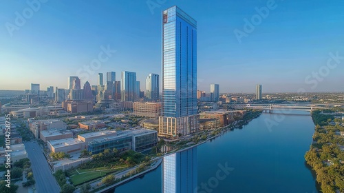 aerial view of strikingly reflective skyscraper buildings creating a stunning urban skyline capturing the essence of a bustling business center in a large city framed by a clear blue sky