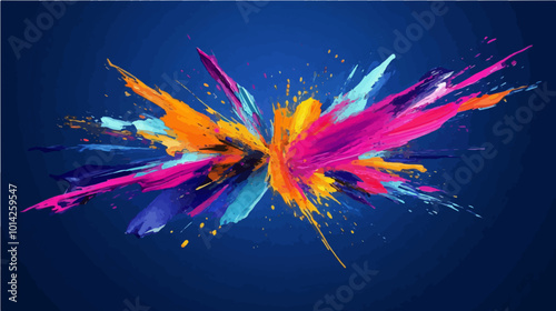 An explosion of vivid colors in a clean, deep blue background. Energetic, dynamic brush strokes bring this abstract piece to life.