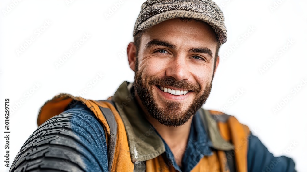 Smiling handsome car mechanic with new tire on white isolated background. Concept store of auto tyre. Smiling handsome car mechanic with new tire on white isolated background. Concept store of auto tyre.