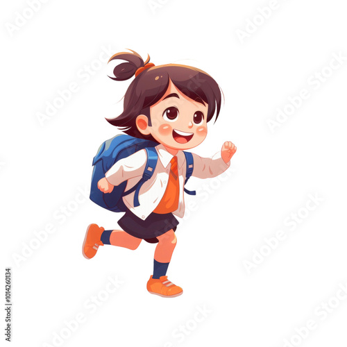 A smiling girl in school uniform with a backpack runs happily. Suitable for school related designs, education materials, and back to school promotions. Generative AI