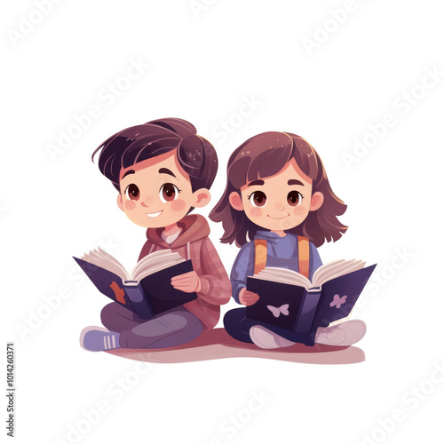 Two children love books, looking happy, and reading together. Ideal for educational materials, school related content, and family oriented designs. Generative AI