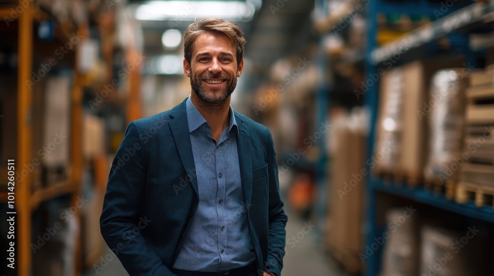 Happy businessman standing with hands in pockets near racks in factory Happy businessman standing with hands in pockets near racks in factory