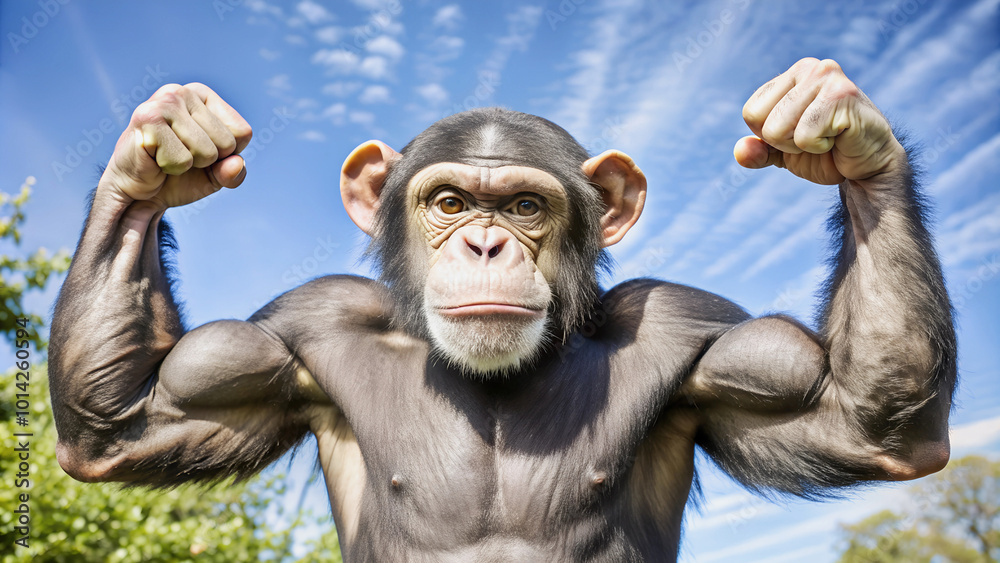 A chimpanzee proudly shows off his biceps in the open air. A chimpanzee proudly shows off his biceps in the open air.