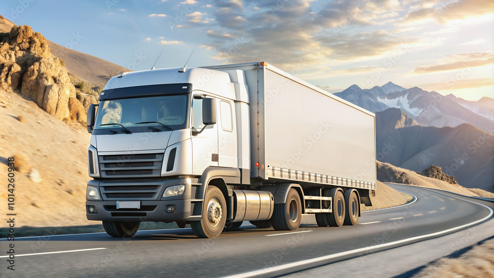 A truck moves along a winding mountain road among picturesque landscapes. A truck moves along a winding mountain road among picturesque landscapes.