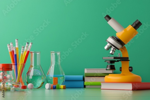 A vibrant study scene featuring a yellow microscope, colorful beakers, test tubes, and books against a green backdrop, perfect for science enthusiasts. photo