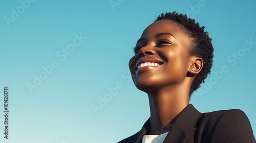 A Woman with Short Hair Smiles Up at the Sky