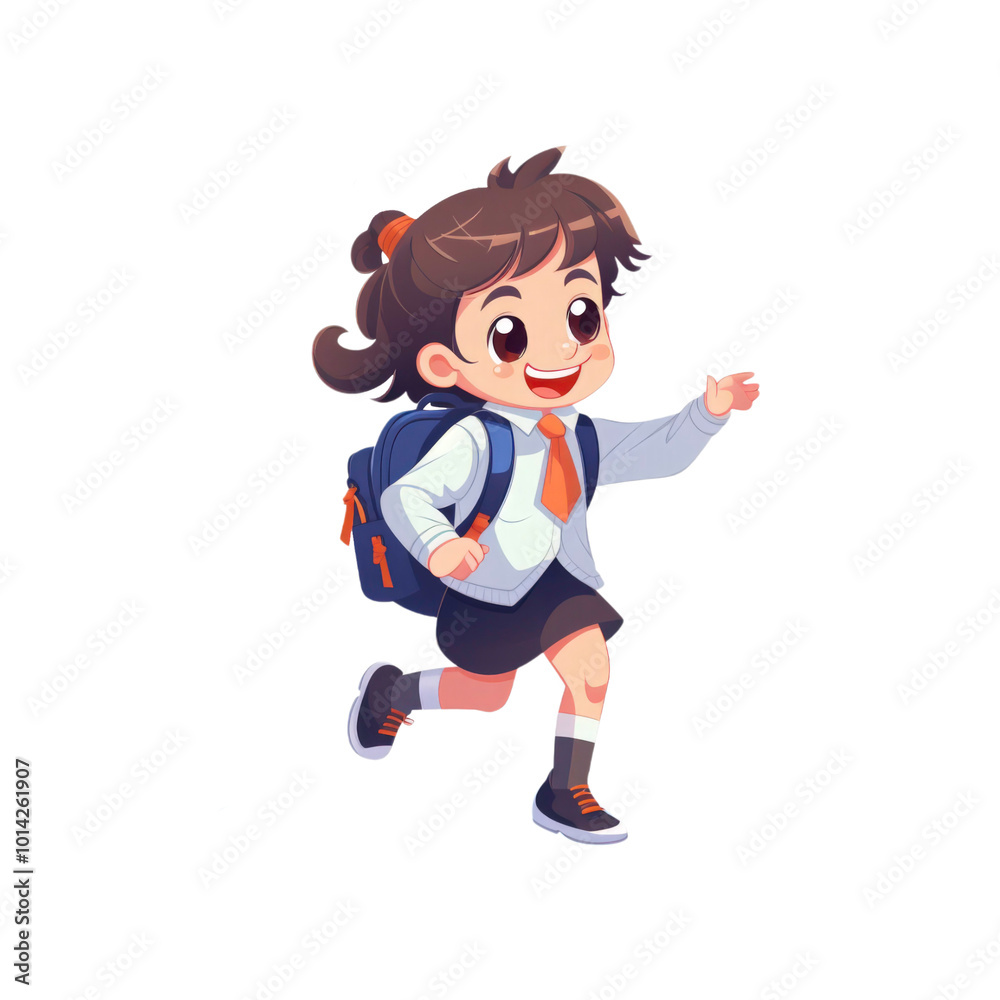 A smiling girl in school uniform with a backpack runs happily. Suitable for school related designs, education materials, and back to school promotions. Generative AI A smiling girl in school uniform with a backpack runs happily. Suitable for school related designs, education materials, and back to school promotions. Generative AI